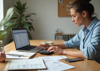 A woman sits at a desk using a calculator and looking at a laptop screen. Papers, a notebook, a pen, a phone, and a piggy bank are on the table. There are potted plants and a corkboard in the background. | MyBestHub.com