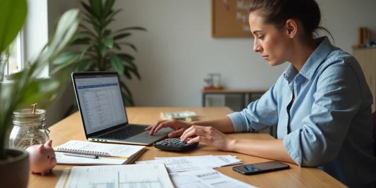 A woman sits at a desk using a calculator and looking at a laptop screen. Papers, a notebook, a pen, a phone, and a piggy bank are on the table. There are potted plants and a corkboard in the background. | MyBestHub.com