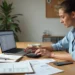 A woman sits at a desk using a calculator and looking at a laptop screen. Papers, a notebook, a pen, a phone, and a piggy bank are on the table. There are potted plants and a corkboard in the background. | MyBestHub.com
