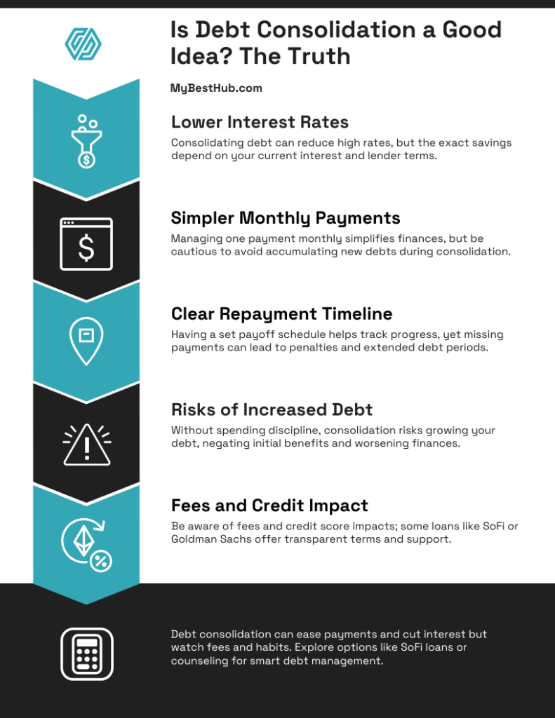 An infographic titled "Is Debt Consolidation a Good Idea? The Truth" explores whether debt consolidation is a good idea by explaining benefits like lower interest rates and simpler payments, while warning of risks and credit impact, ending with a brief summary. | MyBestHub.com