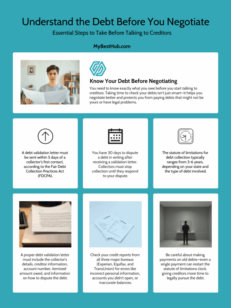 An infographic titled "Understand the Debt Before You Negotiate" shows tips for handling debt, including how to negotiate with creditors, validate debt, dispute errors in 30 days, check credit reports, and be cautious with documentation. | MyBestHub.com